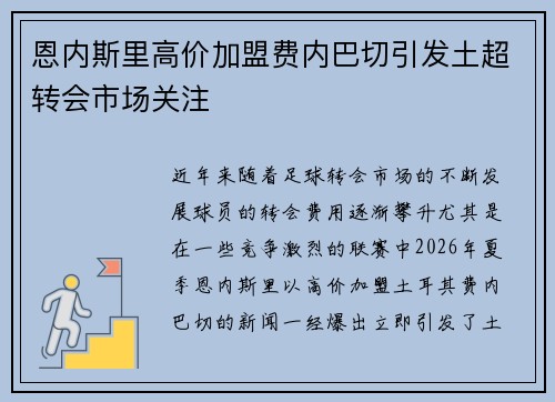 恩内斯里高价加盟费内巴切引发土超转会市场关注